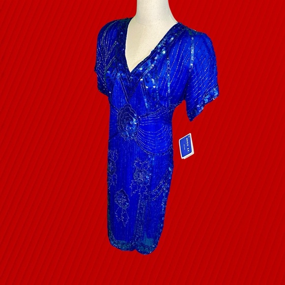NWT Swee Lo Vintage Royal Blue 100% Silk Fully Beaded Ornate Midi Dress Size M - Picture 5 of 16